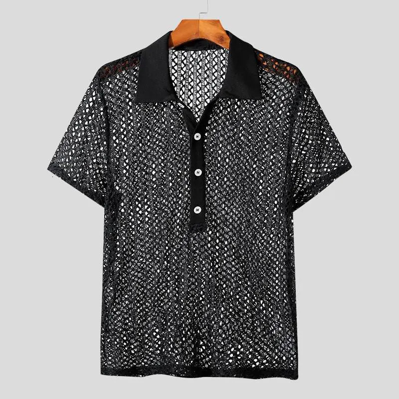 Summer Mens Knitted Hollow Shirt Flip Collar Short Sleeve Mesh Sexy Button Solid Color Street Clothing Party Knitted S-3XL 250222
