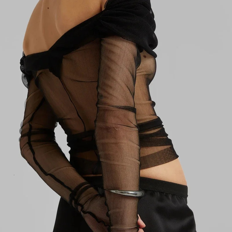 Mesh Sheer Crop Tops Korean Elegant Off the Shoulder T-shirt Chic Women Long Sleeves Slim Fit Cover-Ups Tees 250224