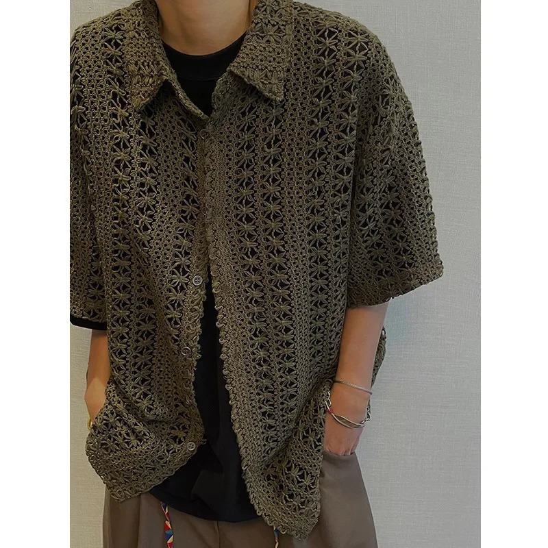 Dannyandzee Mens Loose-fit Vintage Distressed Green Hollow Breathable Short Sleeve Shirt Military Style Versatile Casual Wear 250222