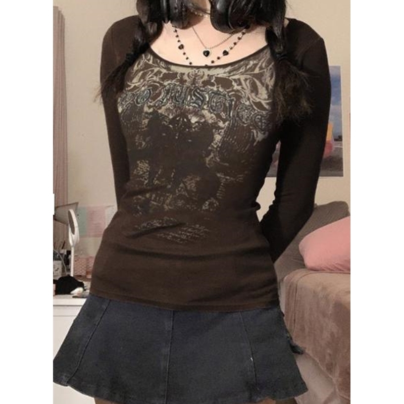 Xingqing Goth Punk Grunge T Shirt Vintage Aesthetic Graphic Letter Print Long Sleeve Tops y2k Women Clothes 2000s Streetwear 250224