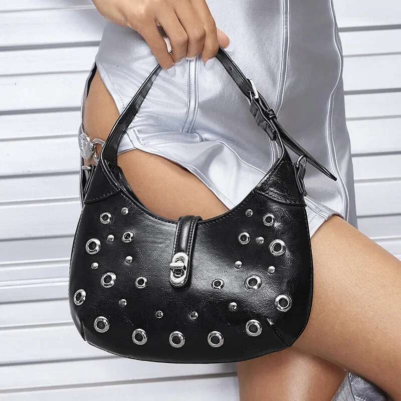 Rivet Handbags Half Moon Underarm Bags For Women Designer PU Leather Crescent Shoulder Bag Black Purses NEW