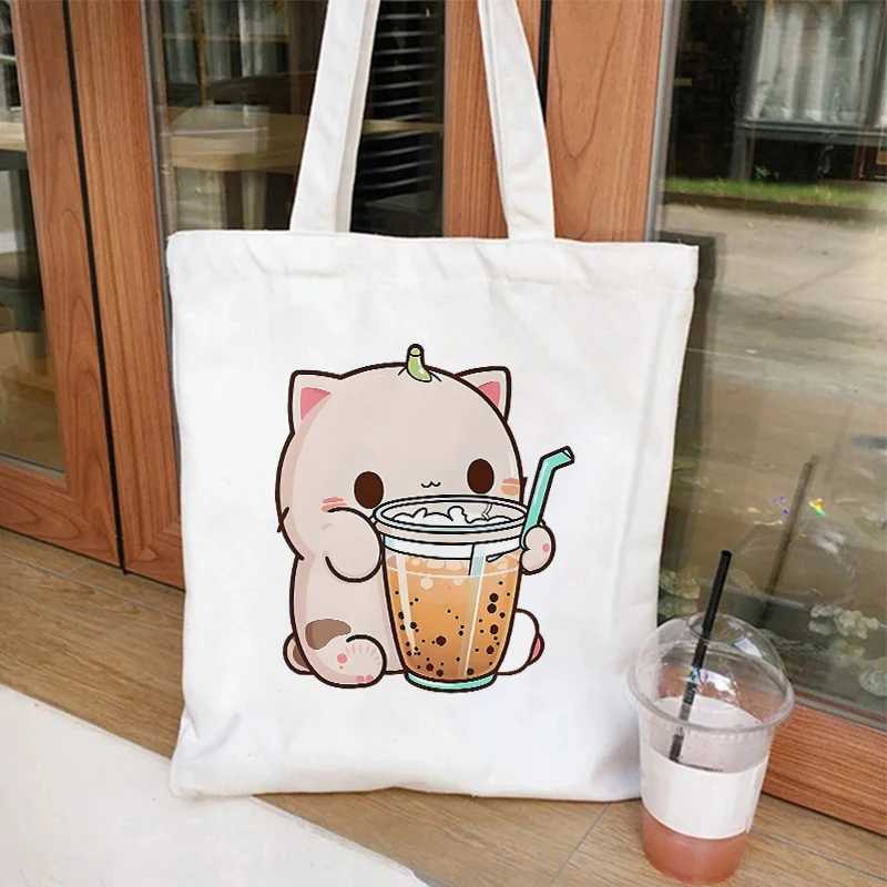 KAWaii Milk Tea Printed Canvas Tote Bags for Women Shopper Handbags Environmental Reusable Shoulder Bag Cartoon Hand Bag Z250224