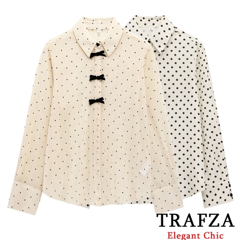 TRAFZA Women Elegant Bow Shirts Lapel Buttons Polka Dot Shirt Fashion Spring Summer Simple Casual 250222