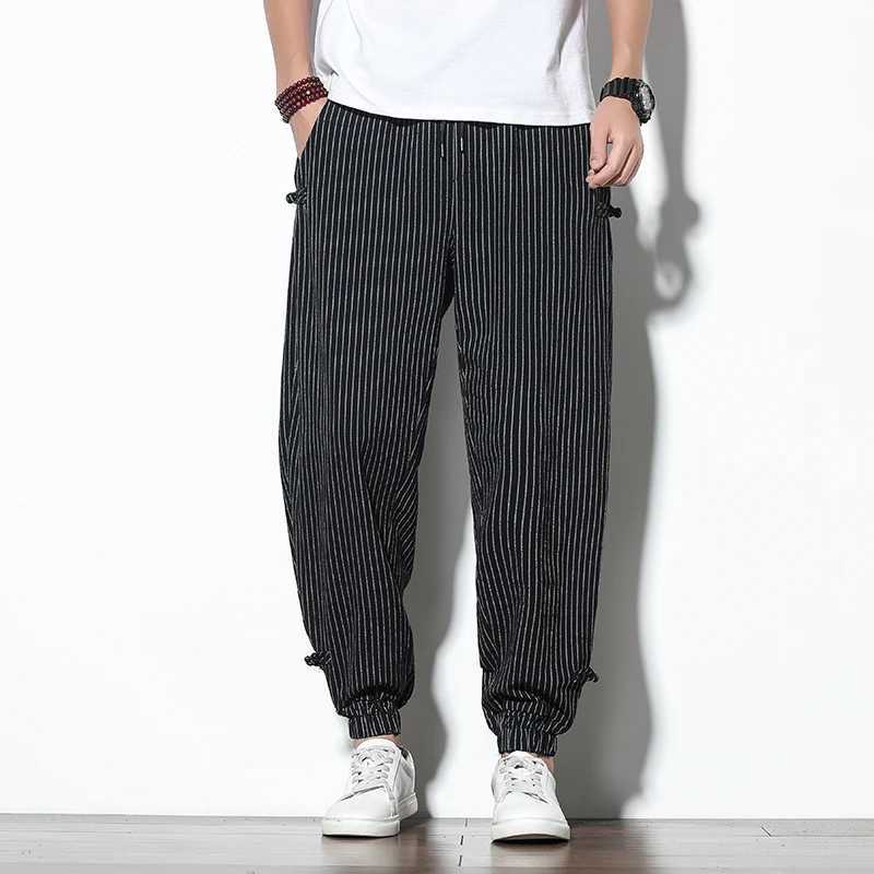 Spring and summer round buckle striped harem pants mens breathable cotton linen pencil pants buckle casual floral pants W250225