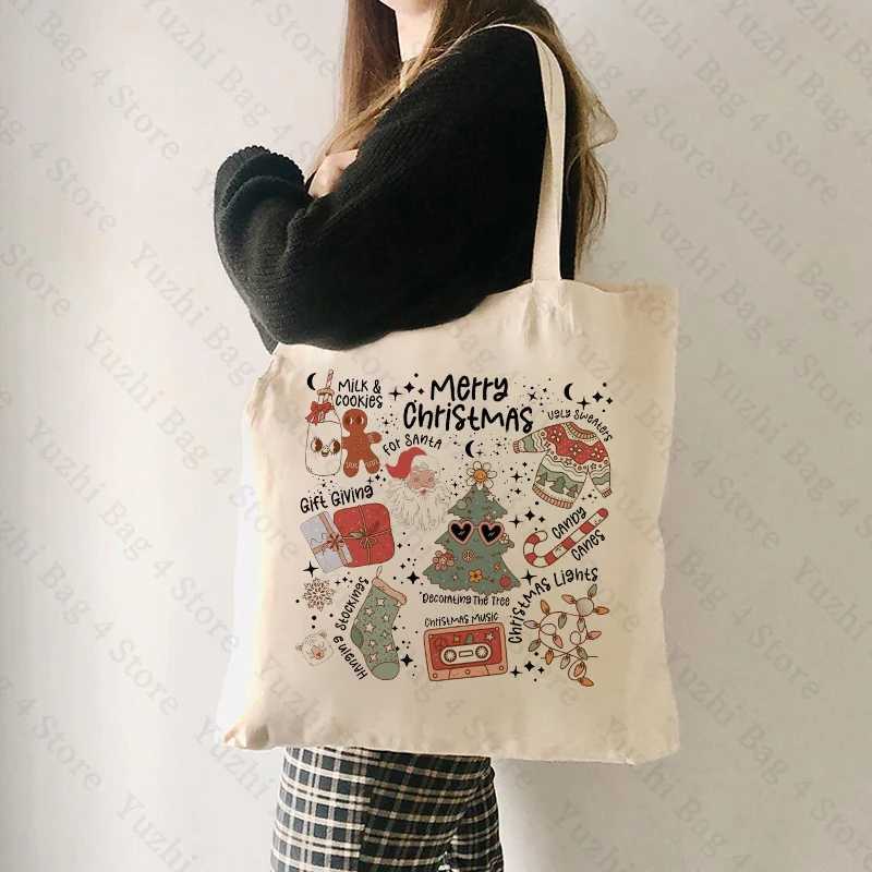 Merry Christmas Pattern Canvas Tote Bag Santa Claus Christmas Elements Graphics Best Gift for Xmas Womens Reusable Shopping Bag Z250224