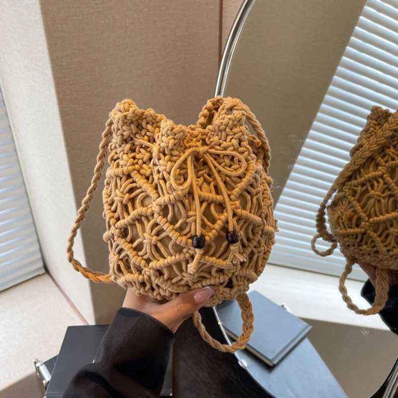 Handmades Knitting Bags For Wonmen Fashion Cotton Thread Bucket Bag With Drawstring Portable Shoulder Bag Summer Beach Purses