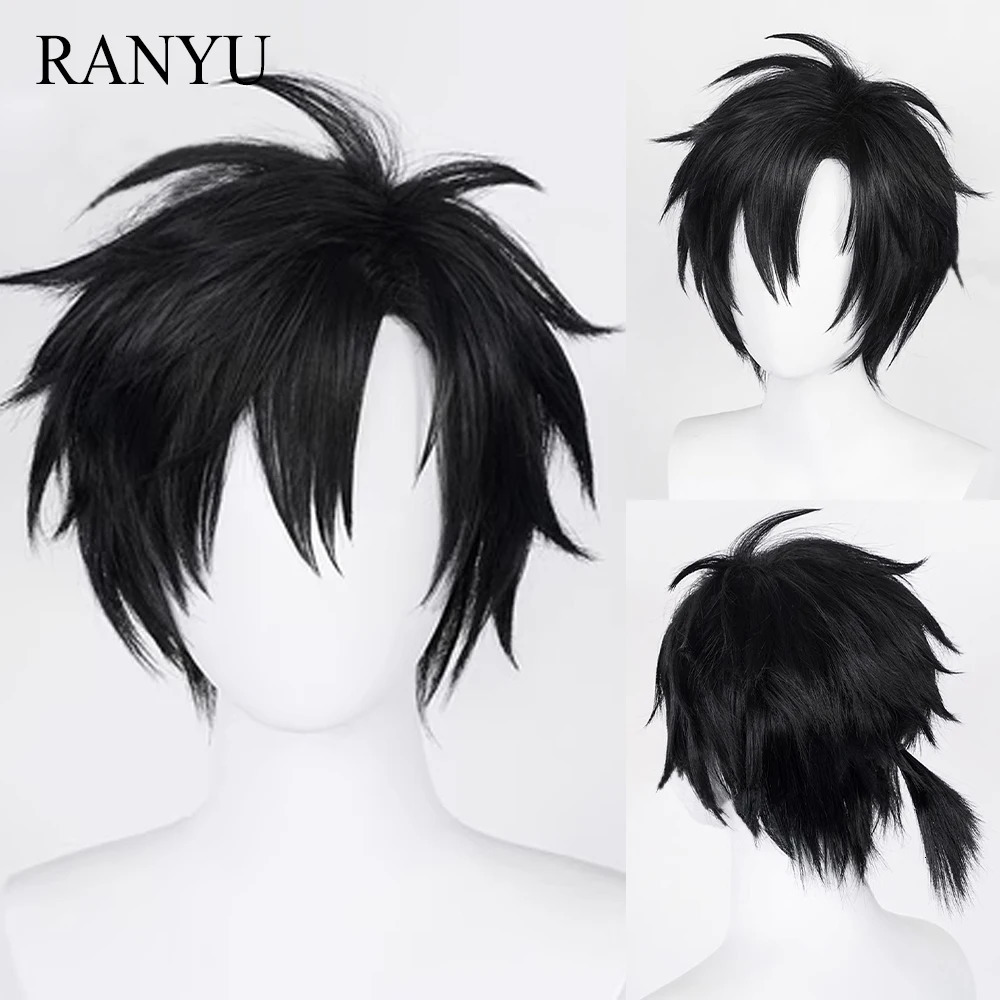 RANYU Short Straight Black Wigs with Bangs Anime Cosplay Synthetic Natural Men Women Hair Wig for Daily Party 250224