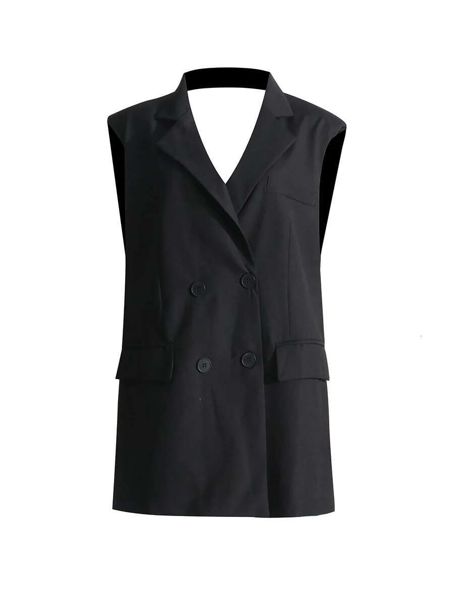 Getspring Women Dress 2024 Summer New Fashion Elegant Bow Sleeveless Backless Design Double Breasted Short Black Suit Dresses