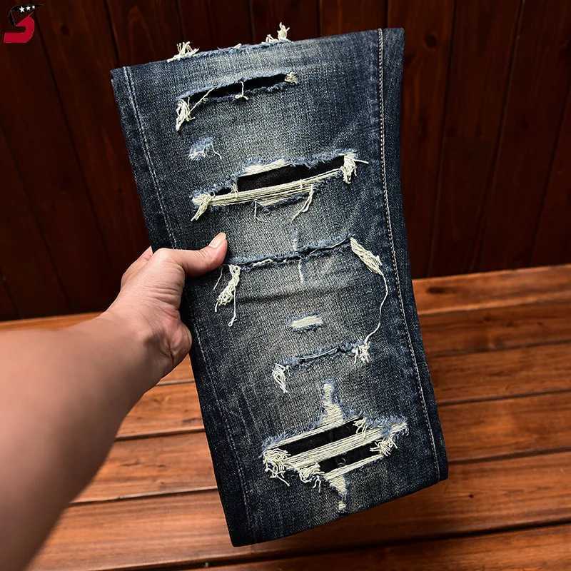Men's Jeans High end mens clothing 2024 autumn trend jeans mens style holes and patches scraping slim fit tight fashion elastic pants z250225