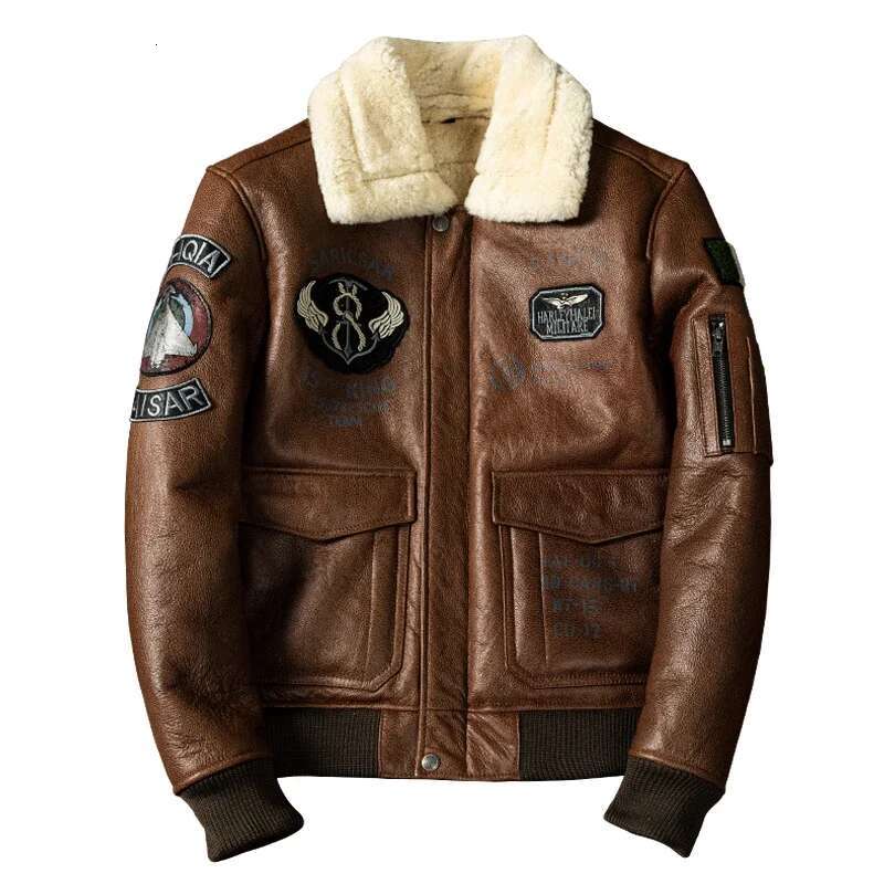 Military A2 Pilot Bomber Genuine Leather Jacket Vintage Air Force Flight Wool Collar Sheepskin Coats Winter Jackets for Men