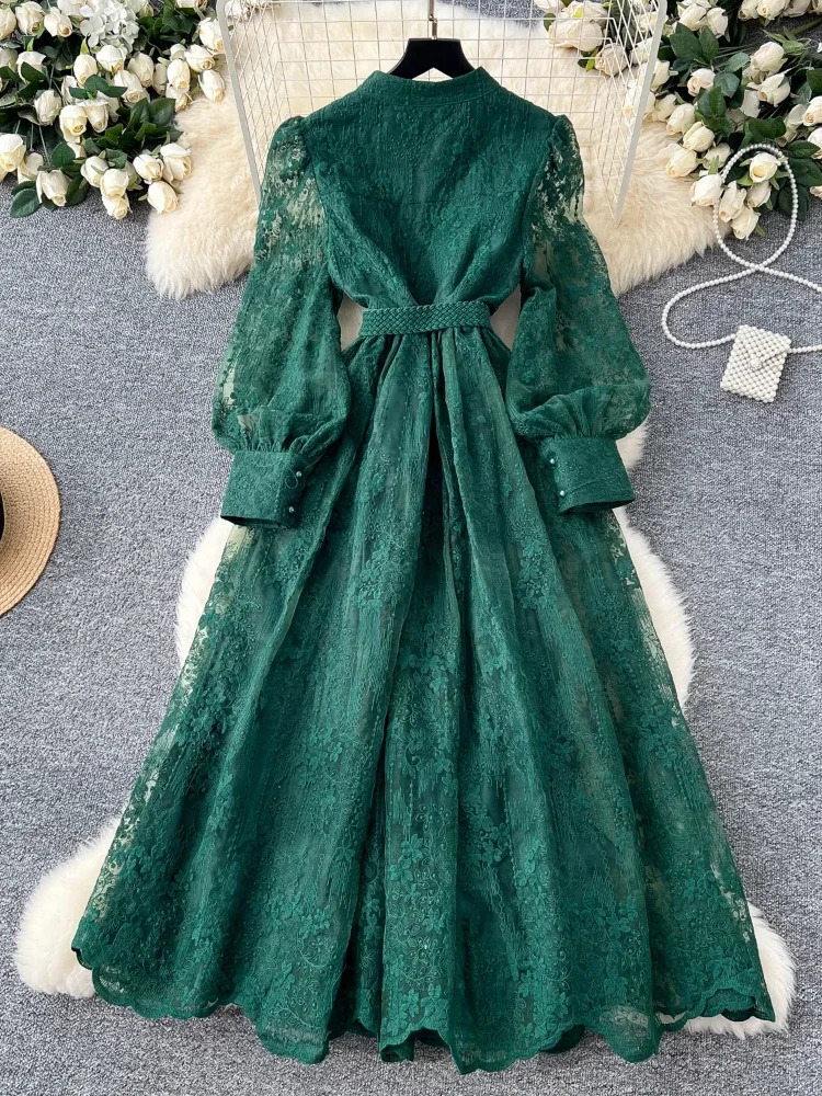 French Elegant Retro Evening Embroidered Belt Long Party Dress Womens Casual Set Fashion Clothing 250222