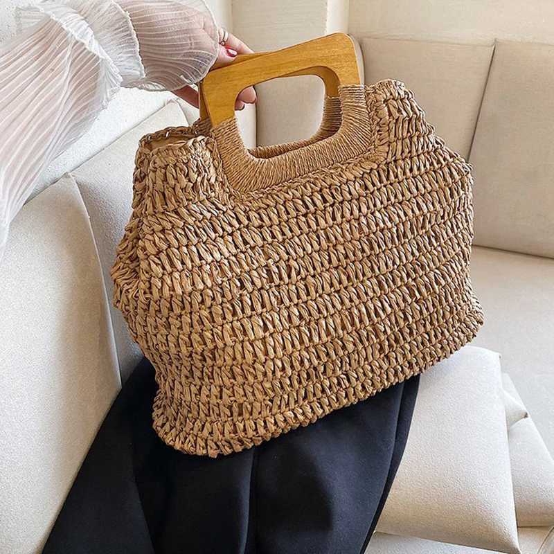 Female Wooden Handle Bag Summer Woven Straw Handbag Large Capacity Travel Beach Bag Fashion Style Totes