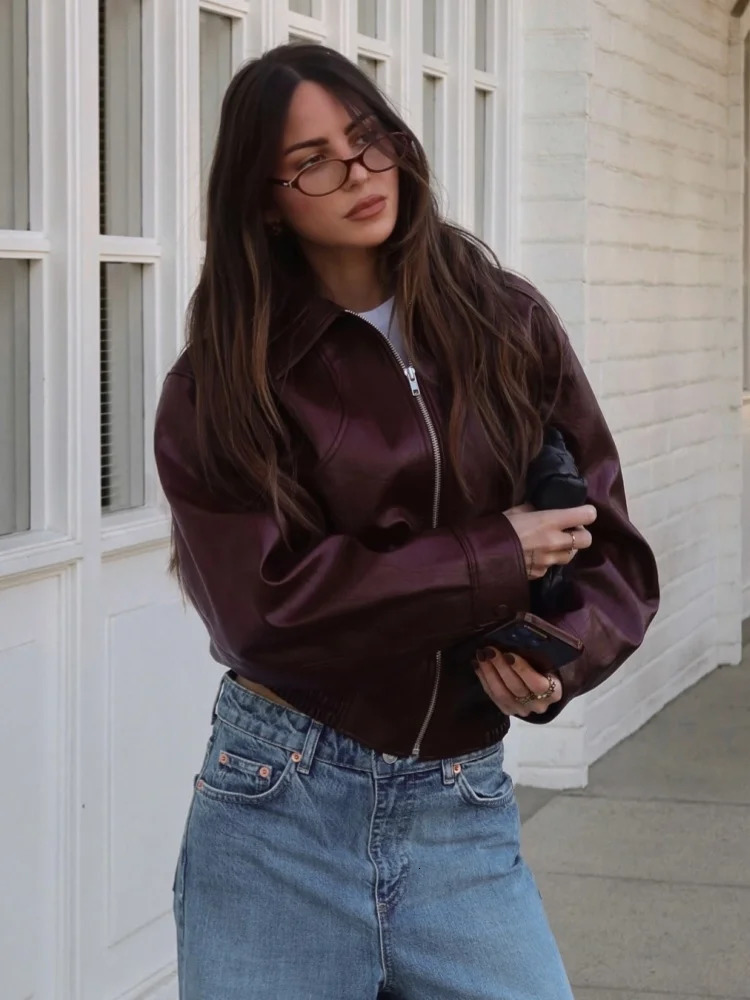 Women Brown Long Sleeve Lapel Leather Jacket Fashion Zipper Pockets Loose Coats Autumn Winter Lady High Street Outerwear 250224