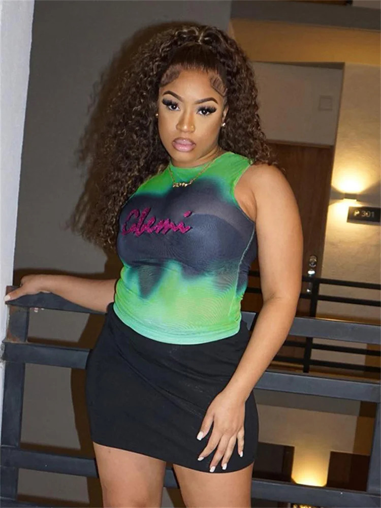 Simenual Fairy Grunge Tie Dye Printed Sleeveless Tank Top Sexy Mesh See Through Crop Tops Women Club Vest Y2K Slim Clothing 250224