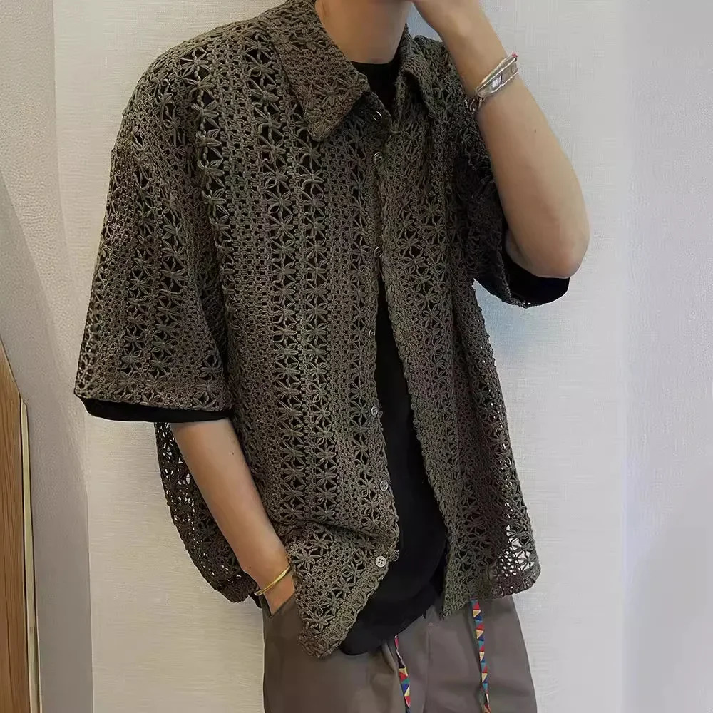 Summer American Style Vintage Distressed Versatile Military Green Knit Hollow Breathable Loose-fit Casual Short Sleeve Shirt Men 250222