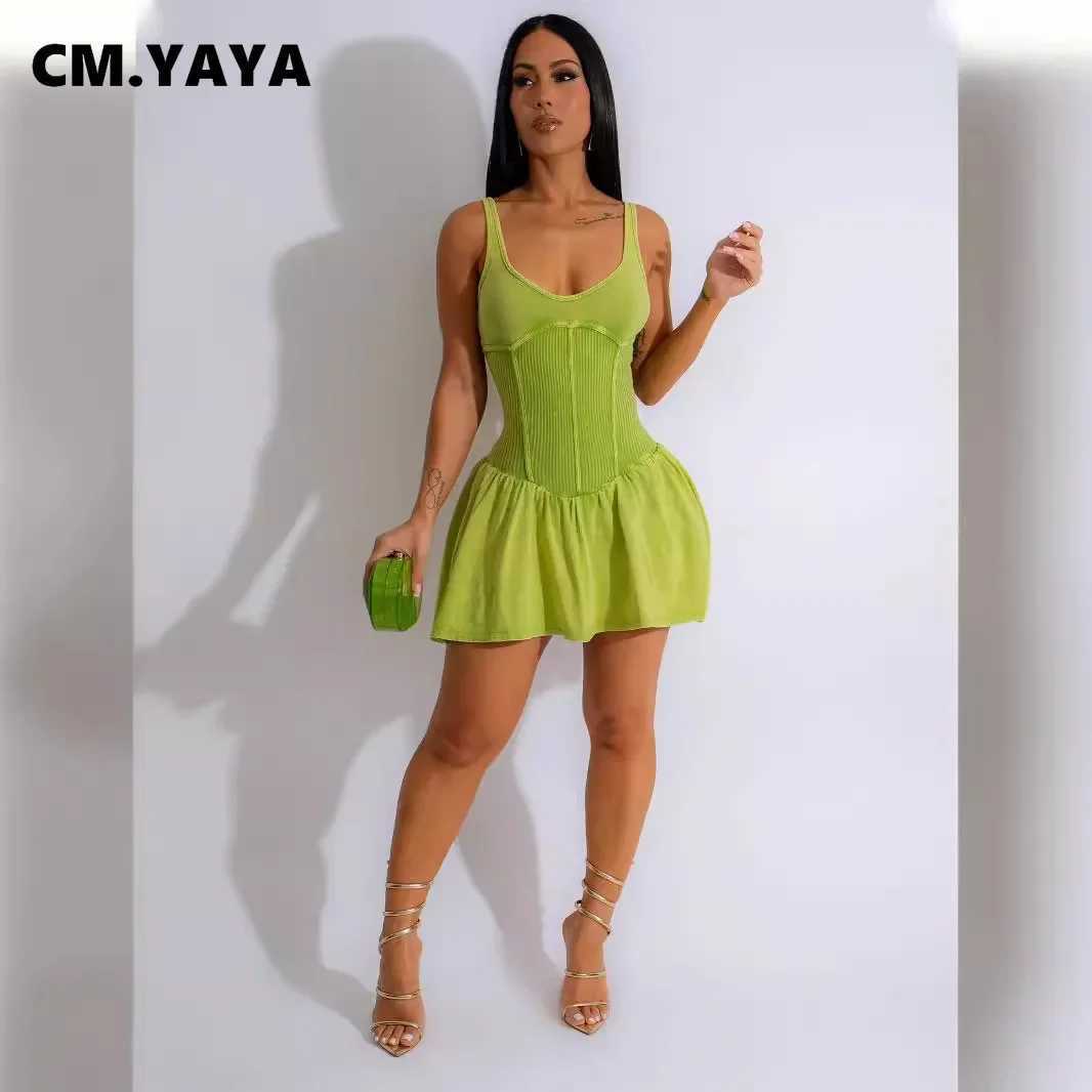CM.YAYA Women Sveless O-neck Pleated Ruched Dress 2024 Summer Beach Cute Sexy Evening Night Club Party Washed Mini DressesXJ250224