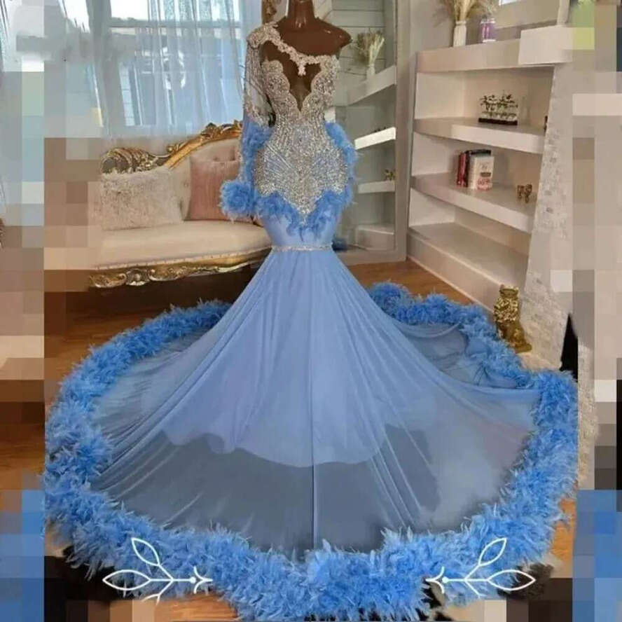 Dresses Baby Blue For Prom Black Girl Sparkly Dia Feather Mermaid Evening Gowns One Shoulder Long Sleeve