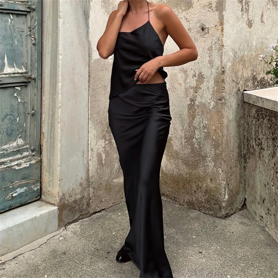 Puloru Retro Two-Piece Satin Dress Sets Summer Women Halter CamisoleWrapped Long Skirts Elegant Party Office Outfits 250224