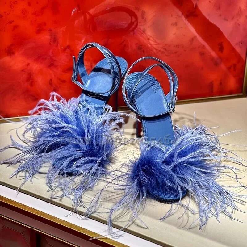 Women's Chic Feather Blue Leather Sandals 2025 New in Sexy Open Toe Fur Denim Brand High Heels Designer Party Shoes 250311