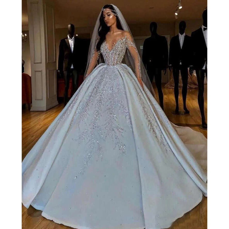 Urious Arabic Crystals Sequins Wedding Dresses Ball Gown Sheer Long Sleeves Bg Sparkly Dubai Garden Bridal Gowns Court Train