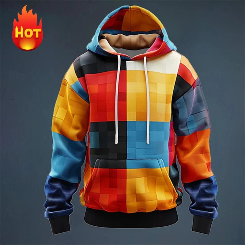 Y2K Mens Hoodie 3d Simulation Stitching Plaid Print Hooded Sweatshirts Pop Men Clothing Oversized Street Designer Pullovers 250224