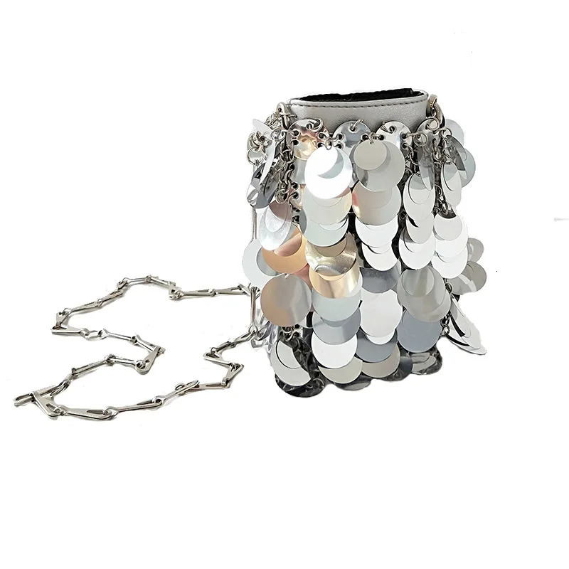 Women Glitter Handbag er Silver Metal Sequin Chain Woven Bag Evening Bags Clutch Travel Holiday Shoulder Bag Handbag 250218