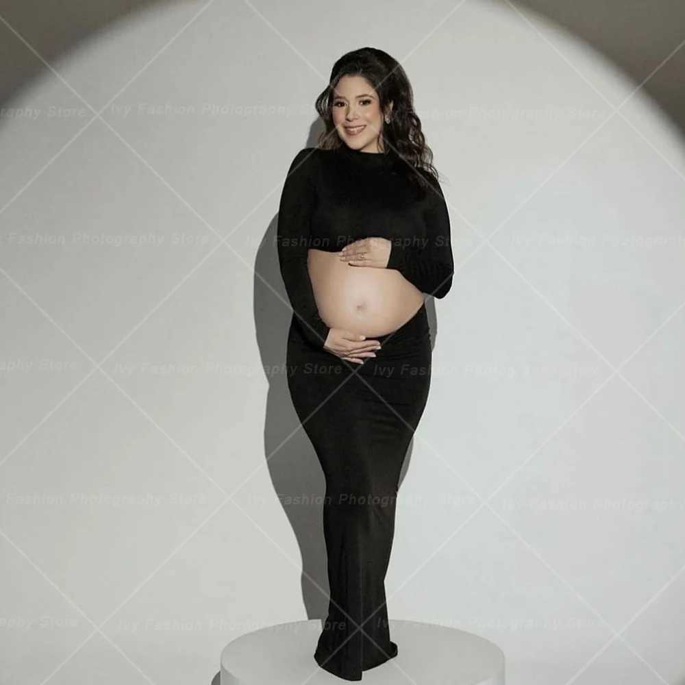 Maternity Photo Shooting Pregnancy Dress Elastic Fabric Slim Fit Exposed Belly Two Piece Set Photography Dress For Women X250224