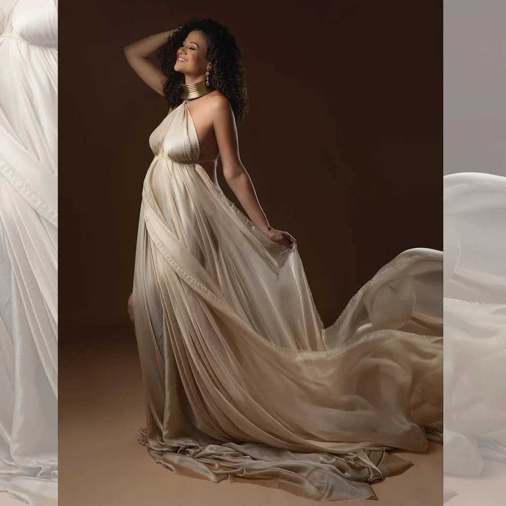 Pregnant Women Chiffon fabric Photography Dress Sexy Elegant Long Maternity Dresses Gold Leather African Accessories Posing Props X250224