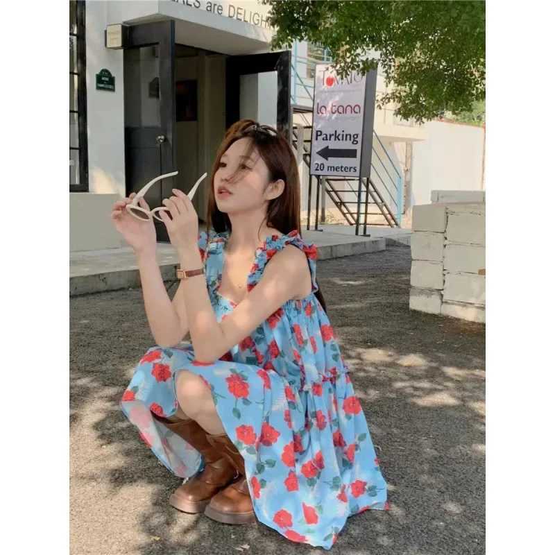 Vintage Flowered Tank Dress For Women Loose Fit Slimming Style Beach Vacation Short Skirt Summer Season Sveless DressXJ250224