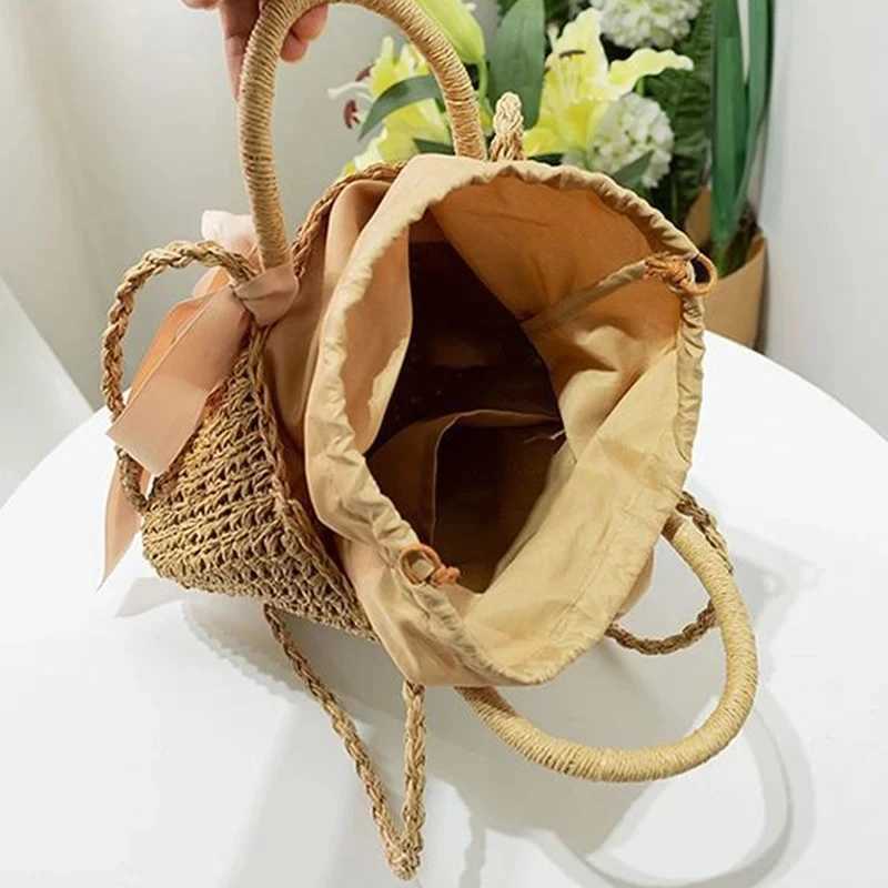 Summer Female Travel Beach Bag Bow Decors Bucket Shoulder Bags Handmade Straw Hollow out Bag Vintage Handbags Bolsa
