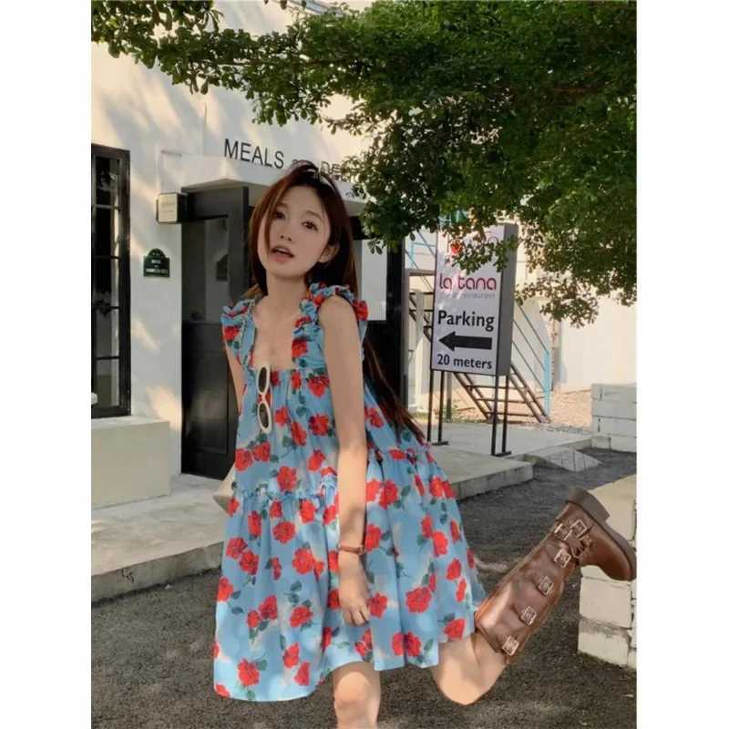 Vintage Flowered Tank Dress For Women Loose Fit Slimming Style Beach Vacation Short Skirt Summer Season Sveless DressXJ250224