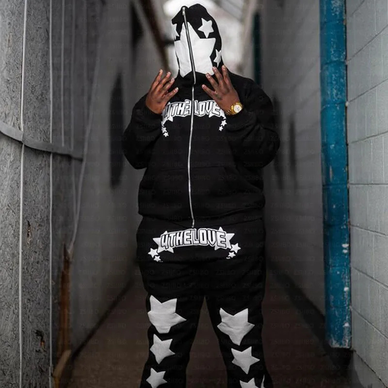 Y2k Zip up Hoodie Punk Stars Print Sweatshirt Mens hoodies Sport Coat Pullover Gothic Long Sleeve Oversized Jacket Sweatpants 250224