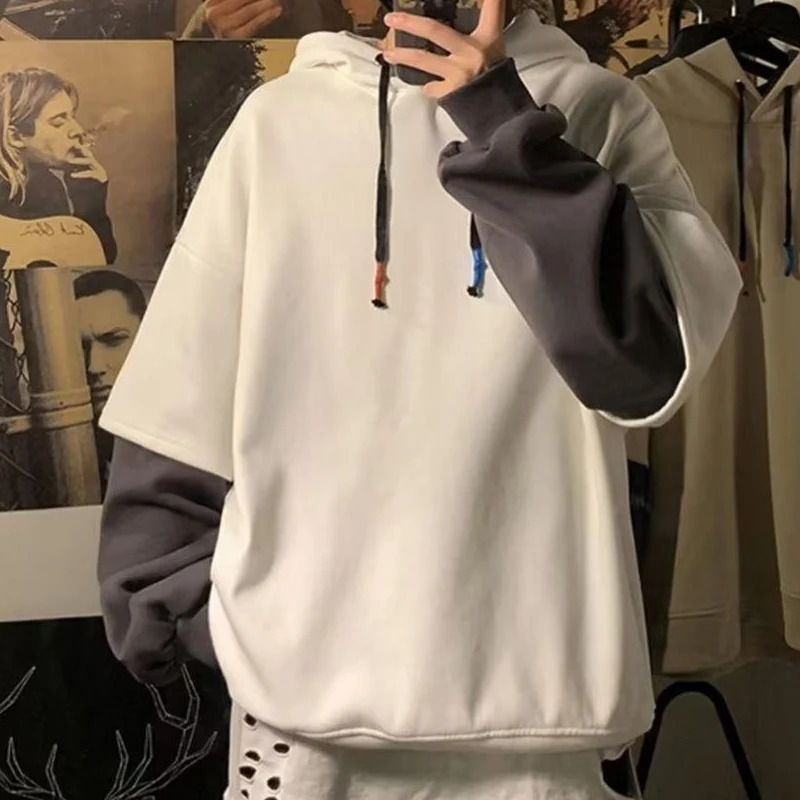 Winter Round Neck Long Sleeve Fashion Sweatshirts Man High Street Casual Loose Pullovers Fake Two Pieces Thick Drawstring Hoodie 250224