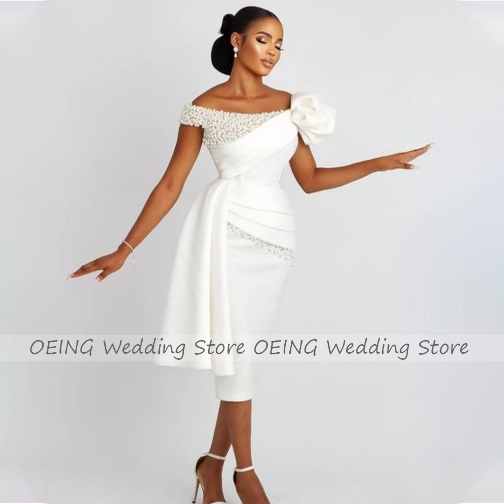 Sheath Column Wedding Short Off The Shoulder Pearls Bridal Gowns For Bride White Draped Tea Length Brides Dresses 6660312