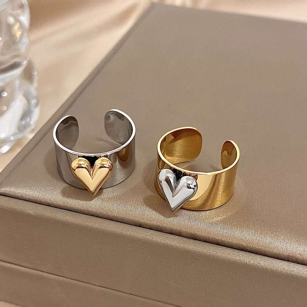 Greatera Stainless Steel Heart Pattern Cuff Ring For Women Men Tide Wide Thick Personality Exaggerated European American Jewelry