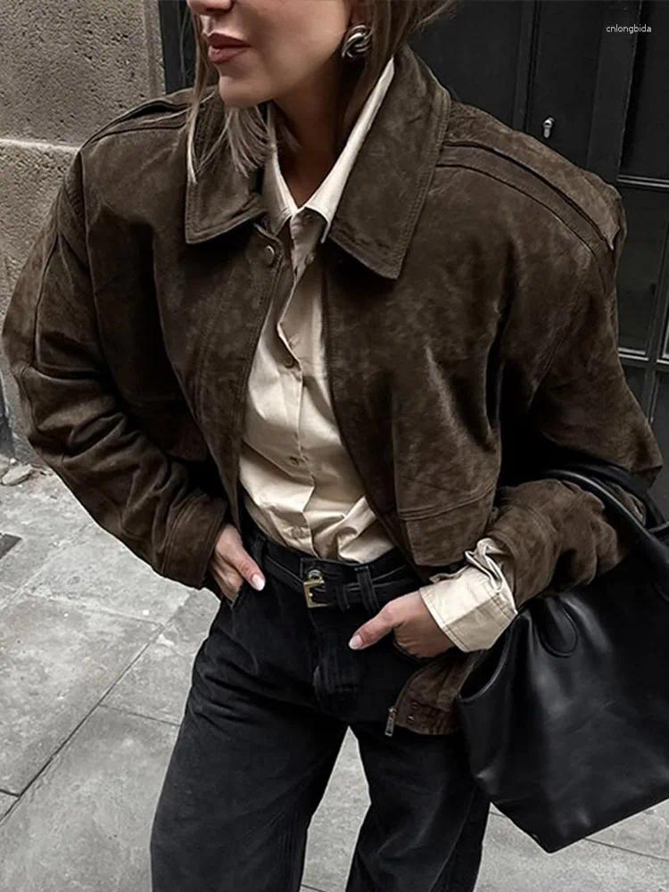 Women's Jackets Vintage Suede Zipper Jacket Women Casual Loose Turn-down Collar Button Brown Long Sleeve Coat Spring Street Chic Outerwear