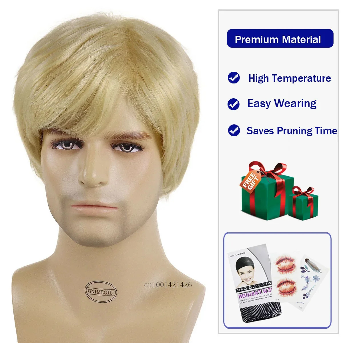 Synthetic Wigs for Men Short Haircuts Blonde Wig with Bangs Yellow Golden Cosplay Drag Wig Halloween Costume Party Casual Wigs 250224