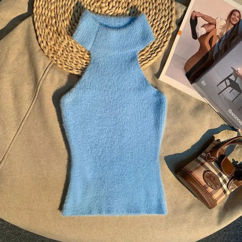 Spice Hair Halter Neck Camisole Female Mink Inside Tank Top Autumn and Winter Sense Knitted Bandeau Top 250224