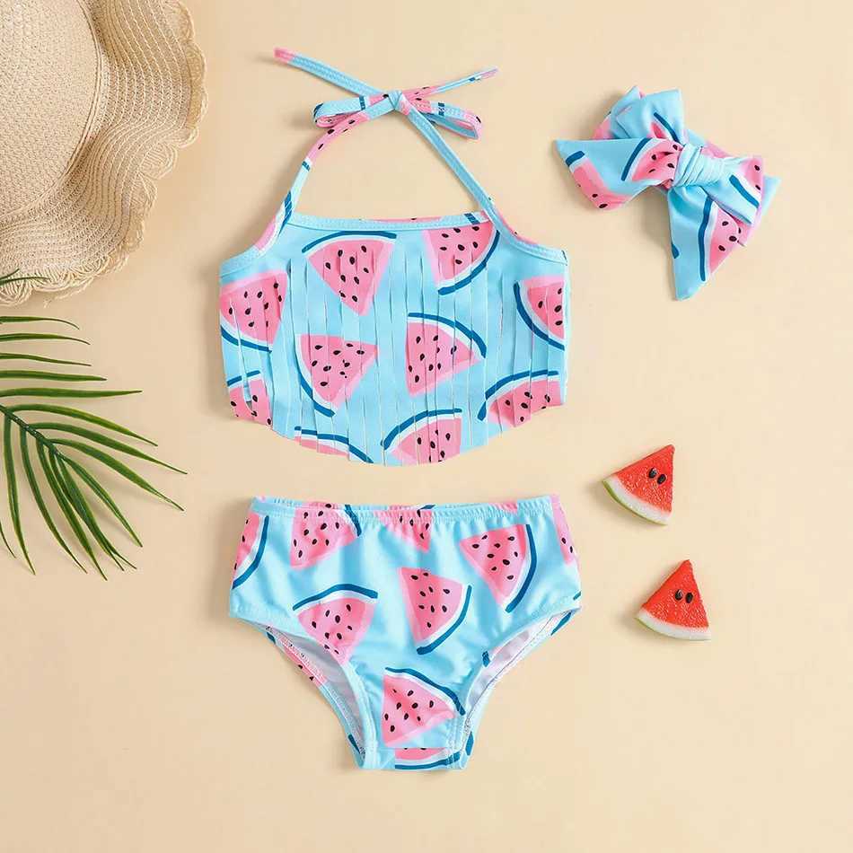 Childrens Swimsuits Watermelon Print Bag Suspender Blue Girl Swimsuit Set Cute Baby Hot Spring Beach Water Park Swimsuit X250224