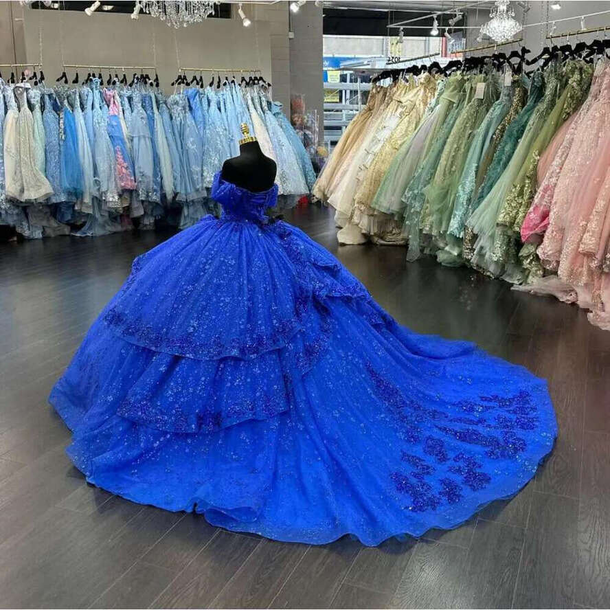 King Blue Sparkly Princess Quinceanera Dresses Off Shoulder Gillter Applique Sequins Boning Vestido De Debutantes Sweet 15 0531