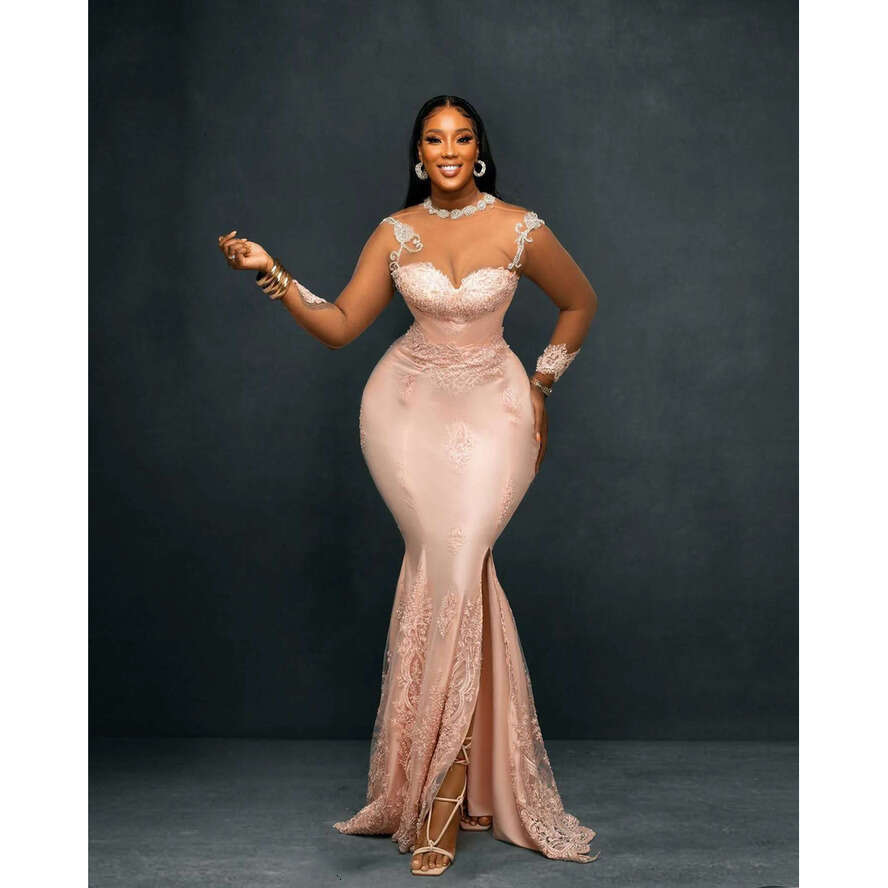 Applique Blush Pink Mermaid Lace Prom Dresses Sheer Long Sleeves Side Slit Aso Ebi Formal Evening Dress Party Gowns Plus Size