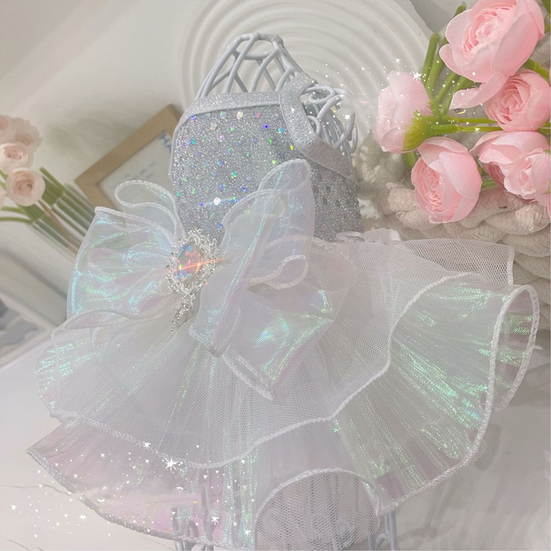 Pet Cat Dog Clothing with Shiny Large Diamond Bow, Summer Cat Princess Fashionable Chiffon Skirt, Pet Princess Bubble Dress, Suitable for Small and Me