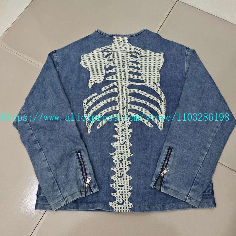 24SS KAPITAL Denim Zipper Jacket Skulls Skeleton Bone Embroidered Loose Coat Long Sleeve Design for Men Women