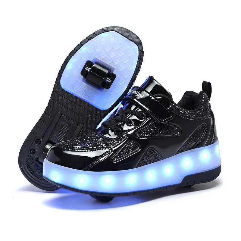 Childrens dual wheel luminous sports shoes pink LED light heel roller skating shoes childrens LED shoes boys USB charging W250225