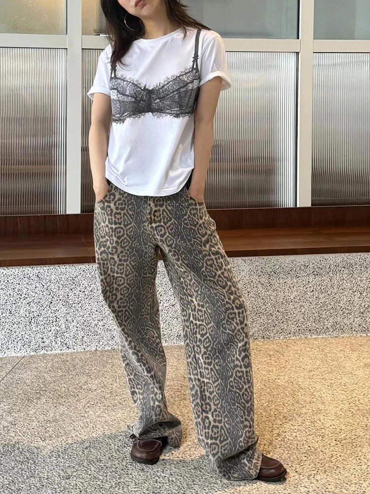 Vintage Leopard Print Jeans Women Baggy High Waist Y2k Streetwear Hip Hop Wide Leg Pants Harajuku Casual Denim Trousers 250225