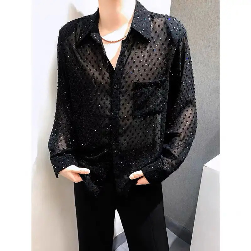 Spring and summer no ironing breathable sunscreen long sleeved mens shirt Ins sense shiny hollow nightclub fashion top 250222