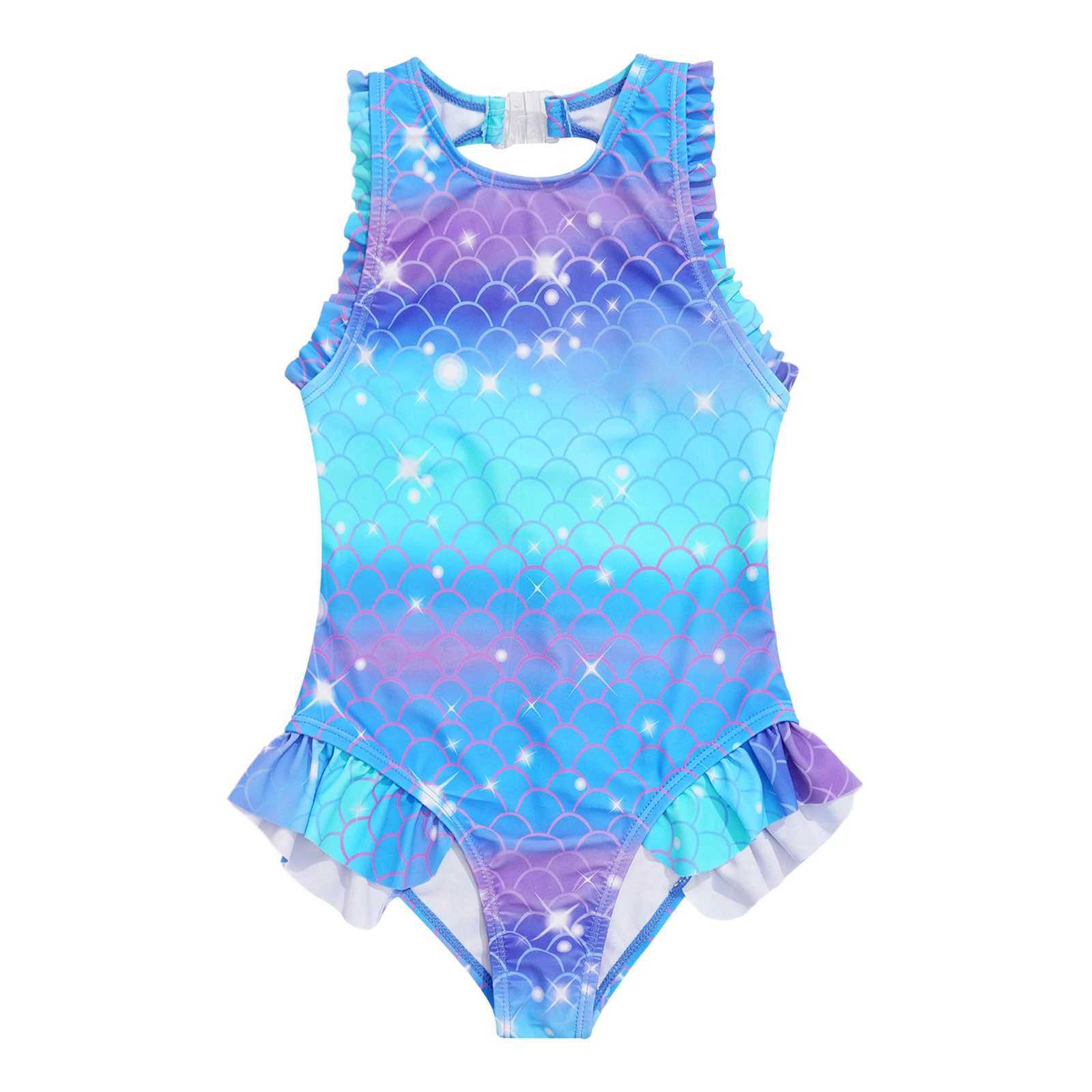 One piece mermaid swimsuit for children and girls sleeveless fish scale print pleated edge one-piece swimsuit swimming pool swimming pool sports swims