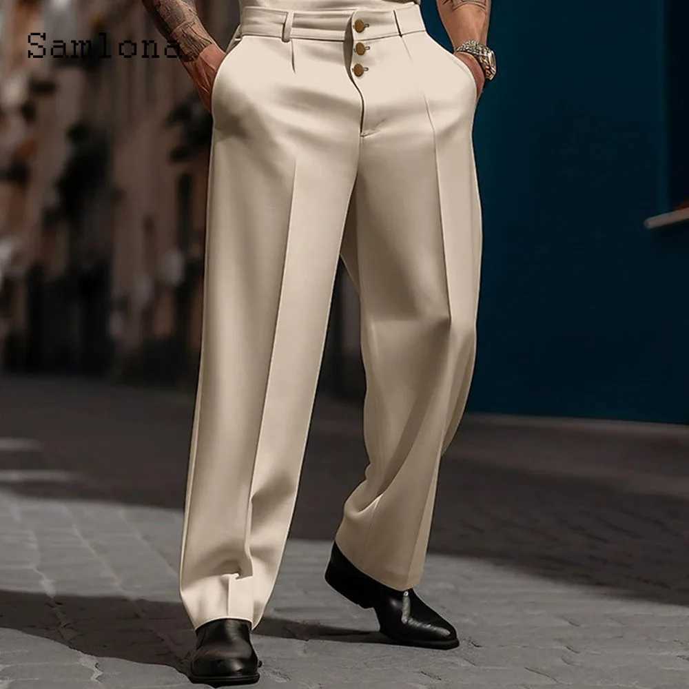 2023 Mens Stand Pocket Elegant Wide Leg Pants Solid White Party Wedding Trousers Plus Size Mens Fashion Buttons Up Suit Pants W250225