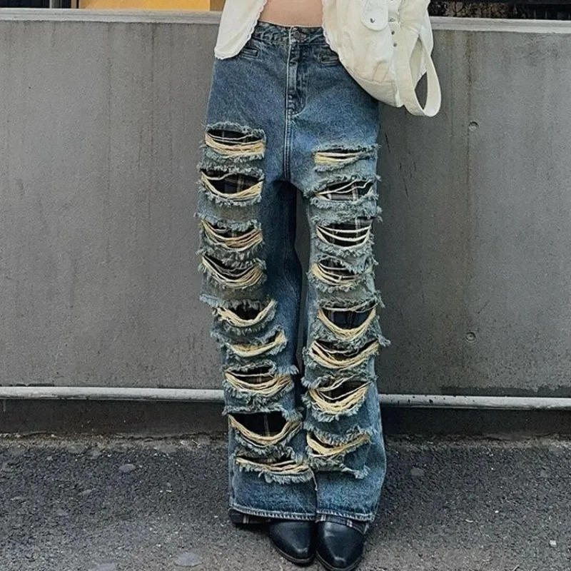 American Heavy Industry Double Ripped Jeans Women Y2K Retro Punk Old Wash Loose Casual High Waist Wide Leg Jeans 250225
