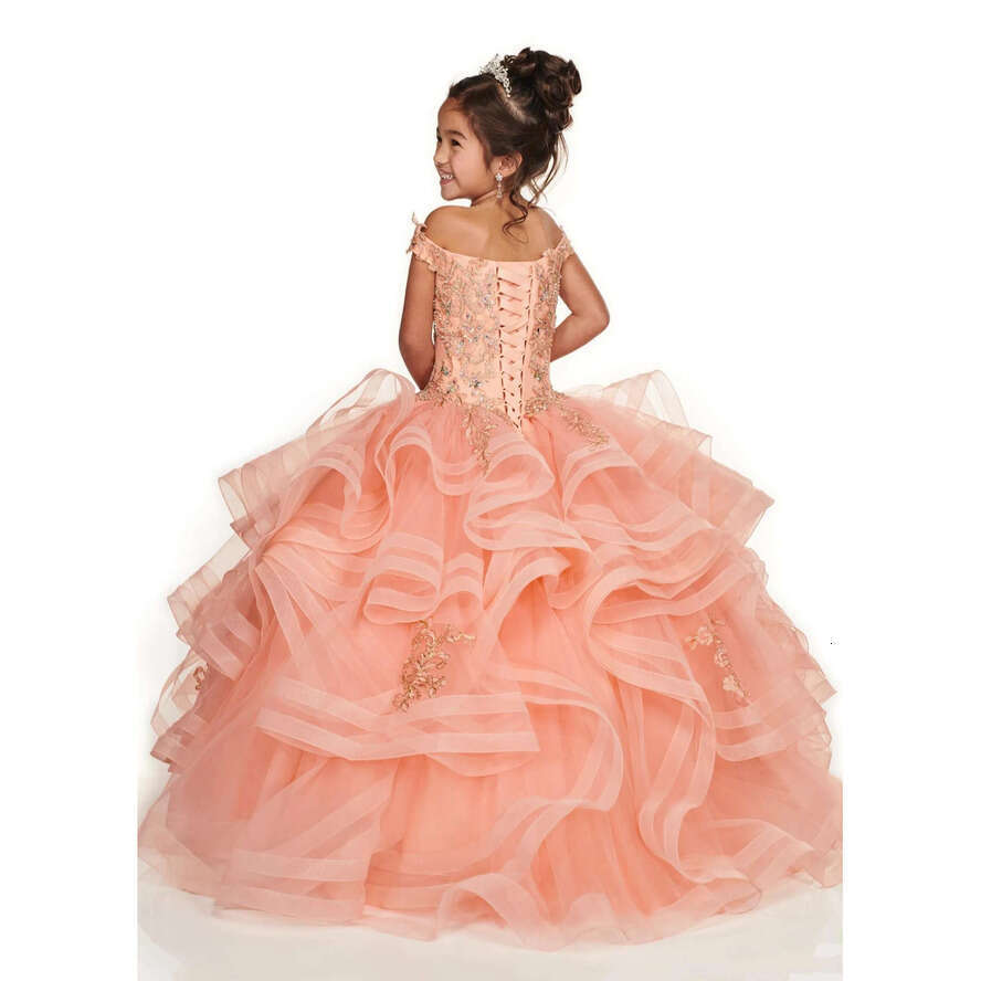 Cheap Royal Blue Peach Girls Pageant Off Shoulder Gold Lace Embroidery Beaded Wer Girl Dresses Kids Wear Birthday Communion Dress